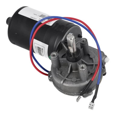 Motor Cpl F. 018980 med cylindriskt svart hölje, etikett, metallutgångsaxel, växellåda samt röda, blå och svarta kablar fästa.