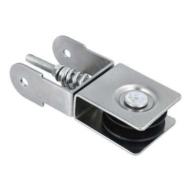 Tension Pulley Cpl F. 018980 har ett metallfäste med bult, fjäder och bricka på ena sidan; svart trissa i ett metallhölje på den andra.