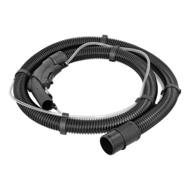 Spiralad svart vakuumslang med räfflad rör, handtagsfäste och en sekundär slang fastklämd tillsammans med plastklämmor.