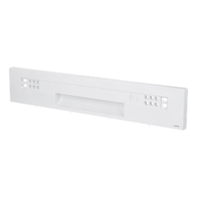 Rektangulärt vitt plastventilationsgaller med två grupper av fyrkantiga hål på varje sida och en central rektangulär springa.