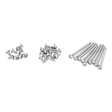 Tre uppsättningar Screw Set Shower Cubi 024418: små skruvar till vänster, medium i mitten och långa till höger.