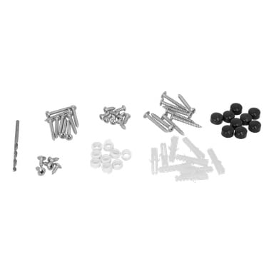 Skruvinställd duschskärm 021671 innehåller skruvar, borr, brickor, väggkontakter och svarta plastlock.