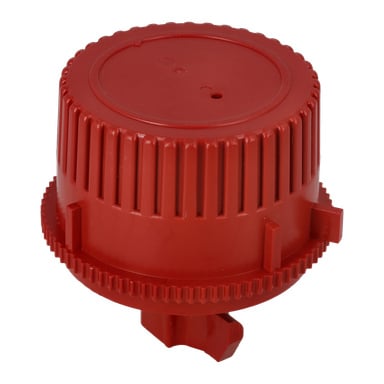En röd Knob Height Adjustm 021742/43-lock med vertikala åsar, två hål på dess plana topp, kugghjulsliknande bas och sidoutstickare.