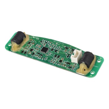 Boundary Sensor Card 021742/43 har ett grönt kretskort, kontakter, komponenter och två svarta cylindrar i varje ände med gult lim.