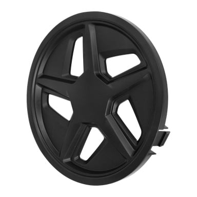 Wheel Cap Left F. 021742/43 är en svart navkapsel med fem ekrar i ett stjärnmönster med utskurna detaljer, sedda i vinkel.
