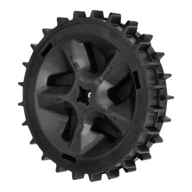 Bakhjulet Vänster F. 021742/43 har svart plast, breda mönster och ett stjärnformat mitthål, sett från sidan.