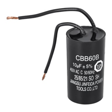 Svart cylindrisk CBB60B-kondensator med två svarta ledningar, märkta 10μF ±5%, 450V AC, 50/60Hz, 25/85/21, och tillverkareinformation.