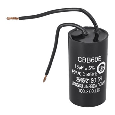 En svart cylindrisk kondensator märkt 10uF med två exponerade ledningar, som visade tekniska detaljer inklusive 15μF ±5 %, 450V AC och tillverkarens information tryckt på höljet.