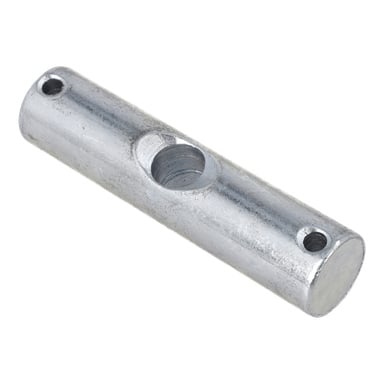En cylindrisk metallkoppling med ett centralt gänghål och två små hål i vardera änden för att fästa eller fästa delar.