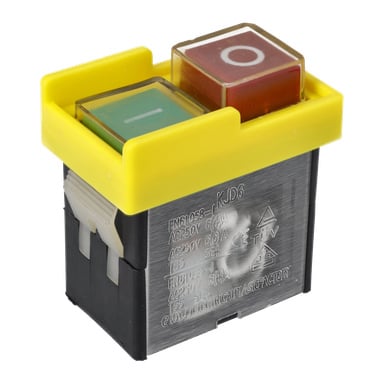 Närbild på Power Switch Tilecutter 024288, en rektangulär strömbrytare med gul skyddsram, gröna PÅ- och röda AV-knappar samt vita markeringar.