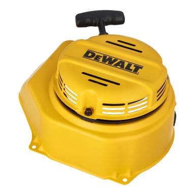 Starter F. 026523 är en gul DeWalt rekylstartmontering med draghandtag, svart logga och ventilationsspår.