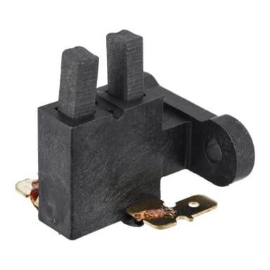Zbliżenie na Carbon Set Complete F. 026523, czarną szczotkę do silników węglowych z dwoma prostokątnymi bolcami i metalowymi złączkami do silników elektrycznych.