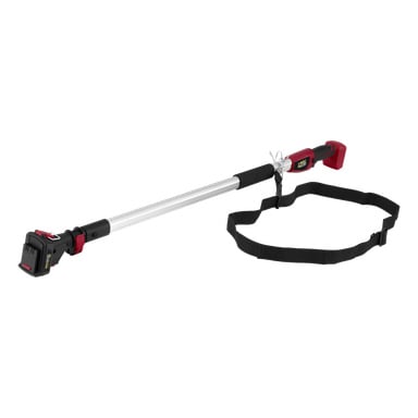 Ein rot-schwarzer Meec Tools Multiseries Teleskopgriff für eine Handkettensäge ist mit einem angebrachten Schultergurt zu sehen, der am Ende des Griffs ein Batteriepack aufweist.