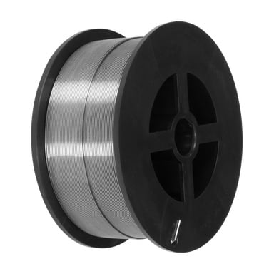 Eine Spule ESAB Schweißdraht OK Autrod 316LSi ist fest auf einer schwarzen Kunststoffspule mit zentraler Öffnung und vier breiten Speichen gewickelt, wobei der glänzende Metalldraht das Licht einfängt.