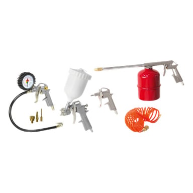 Stanley Air Tools 8-delade set inkluderar olika tillbehör till luftkompressorer såsom en tryckmätare med slang, en spraypistol med påsatt färgbehållare, en luftblåspistol, oljespruta, orange spiralad luftslang samt flera mässingsmunstycken och adaptrar.