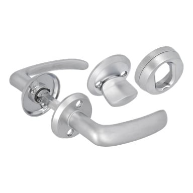 Hard Head Satin-Chrom-Vordertürgriff mit zwei Metallgriffen, einer runden Befestigungsplatte und einem Daumendrehschloss.