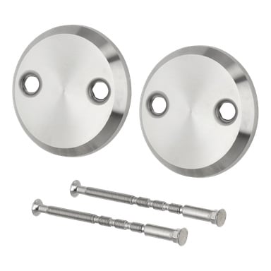 Zwei Hard Head Cover Panel-Teile mit einem zentralen Loch werden neben zwei Metallankerbolzen angebracht.