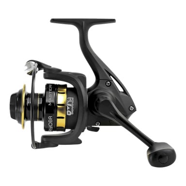 Kayoba Spinning Reel 2000FD esittelee tyylikästä musta-kultaista muotoilua, jonka kahva on oikealla ja kela vasemmalla. Keskeiset ominaisuudet, kuten takavarsi ja drag-säätönuppi, ovat selvästi nähtävissä.