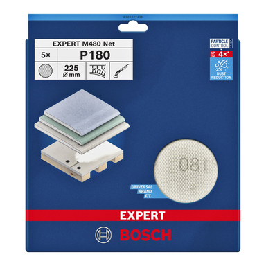 Bosch Expert Grinding Net Expert-pakke inneholder fem slipeskiver, hver P180 kornstørrelse og 225 mm i diameter. Emballasjen viser illustrasjoner av ulike materialer, en slipeskive og ikoner for støvreduksjon og universell kompatibilitet.