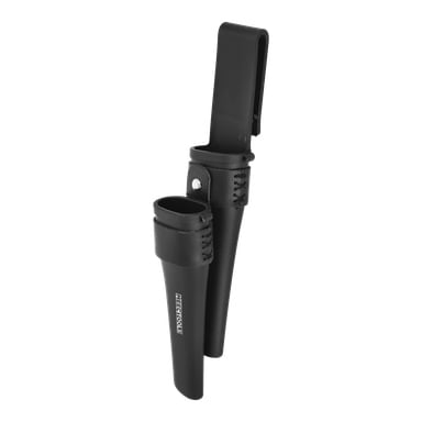 Ein schwarzes Doppelholster von Meec Tools mit genähten Akzenten, ausgestattet mit einer Gürtelschlaufe und Fächern zum Transport von Werkzeugen wie Zangen oder Schraubenziehern.