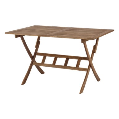 Der EKVIP Klapptisch ist ein rechteckiger Holztisch mit Lattenoberfläche, gekreuzten Beinen und einer unteren Stütze.