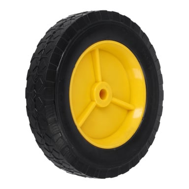 Ett svart gummihjul med ett gult treekrat plastnav.