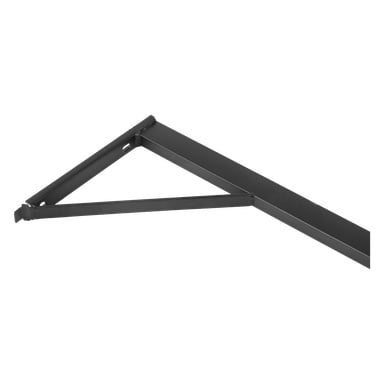 Slank sidovy av ett svart metallfäste med triangulär förstärkning, designad för väggmontering eller hyllor.
