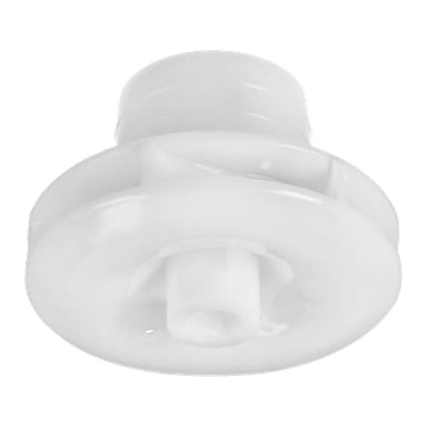Impeller F. 018208 är en rund vit plastbit med en central cylinder och en utbredd platt kant, lämplig för mekaniskt eller rörmokeri.