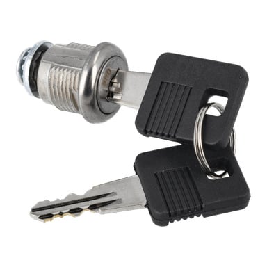 Lock Inkl. Keys F. 006417 har en metallcylinder och två nycklar med svarta grepp på en nyckelring i närbild.
