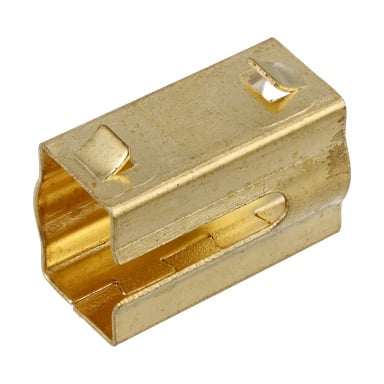 Carbon Holder F. 014438 är en rektangulär, guldfärgad metallkontakt med öppna ändar och två hack upptill.