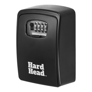 szafka na klawisze Hard Head z czterocyfrowym pokrętłem kombinowanym z przodu. Nazwa marki "Hard Head" widnieje na biało na dole szafki.
