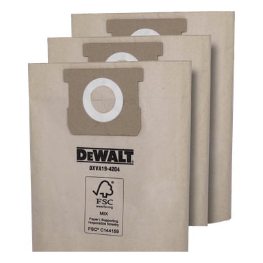 Tre bruna DeWalt-filterpåsar i papper, märkta som DXVA19-4204 3-pack, staplas tillsammans. Varje väska visar DeWalt-logotypen, produktkoden DXVA19-4204 och en FSC-certifieringsmärkning på framsidan.