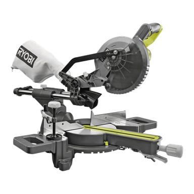 Ryobi One+ batteridriven geringssåg (RMS18190-0) med dammpåse, flyttbart staket och ergonomiskt handtag, gjord för noggrann vinklad sågning av trä eller liknande material.