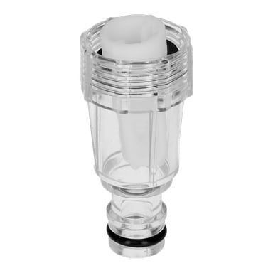 En slang kopplade vattenintaget med en transparent plastkropp, gängad topp, vit mittdel och svart O-ring vid basen.