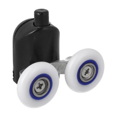 Närbild av Double Wheels skjutdörrsrull: två vita hjul med blå mittpunkter, monterade på ett metallfäste och svart plasthölje.