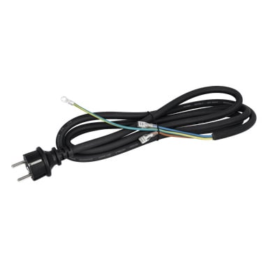 Strömkabel T.016793: spiralad svart kabel, tvåstiftskontakt i ena änden, tre färgade ledningar (brun, blå, gulgrön) med kontakter.