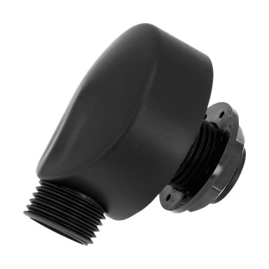 Connector Black är en vinklad svart plaströrskoppling med gängade ändar och en avtagbar fläns.