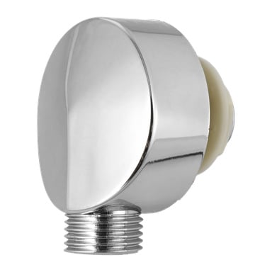 Närbild på Connector Chrome, ett väggmonterat duschuttag med gängad kontakt och beige plastinsats i ena änden.