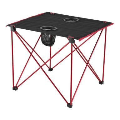 Kayoba campingbord med röda metallben, svart tygyta, två integrerade mugghållare och en nätficka under. Dess kompakta design gör den lätt att ta med sig vid camping eller picknick.