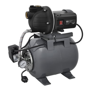 En svart och grå Meec Tools hydrophore-pump med cylindrisk tank, ansluten mätare, strömkabel och slangar. Den har en röd strömbrytare och sitter på en stadig metallbas.
