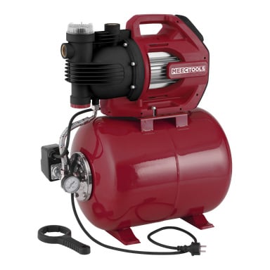 En Meec Tools hydrophore-pump med röd och svart färgskala, utrustad med en strömsladd, en tryckmätare och Meec Tools-logotypen tydligt synlig på toppen. Pumpen är fäst ovanpå en stor, röd cylindrisk tank.