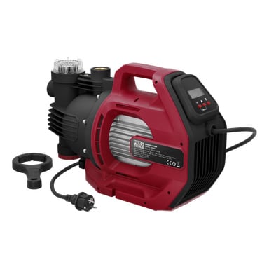 Eine rot-schwarze Meec Tools Gartenpumpe mit digitalem Display, Griff oben, einem auffälligen Meec Tools-Etikett, angeschlossenem Stromkabel mit Stecker und einem separaten schwarzen Kunststoffwerkzeug daneben.
