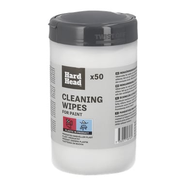 Biały plastikowy pojemnik z napisem "Clean cloths for paint 50 pack" od Hard Head mieści 50 chusteczek. Na szarej pokrywce widnieje napis "Twist off." Na etykiecie wydrukowane są ikony ostrzegawcze i informacje o produkcie.