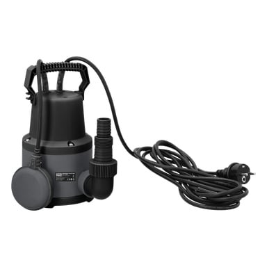 En svart och grå Meec Tools nedsänkbar pump med handtag, flottörbrytare, vinklad uttag och en förlängd elkabel som slutar i ett kontakt.