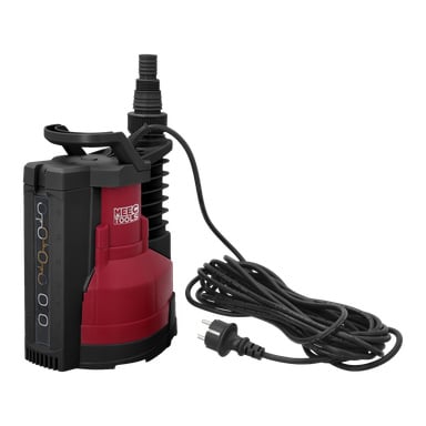 En röd och svart Meec Tools nedsänkbar pump med en lång svart strömkabel, ett handtag ovanpå, en exponerad kontrollpanel och varumärket tryckt på sidan.