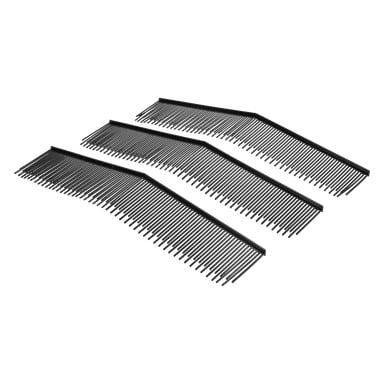 Tre identiska Brushes 3-pack T. 022198 är arrangerade i parallella rader, var och en med ett rakt handtag och jämnt fördelade smala tänder.