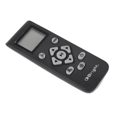 Svart Remote Control F. 025971 med LCD-skärm, grå navigations- och funktionsknappar, samt en vit OBright-logga längst ner.