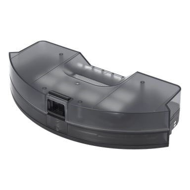 Dammbehållare F. 025986 är en klar, böjd plastbehållare med handtag och lås som är gjord för robotdammsugarens dammuppsamling.