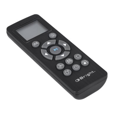 Svart fjärrkontroll F. 025986 med bildskärm, rund riktningsplatta, play/paus-knapp och rader av märkta knappar.