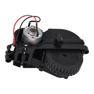 Närbild av hjulmotor höger korpral T.025972: svart plastväxellåda, metallmotor, röda och svarta kablar, stort tandat kugghjul till höger.